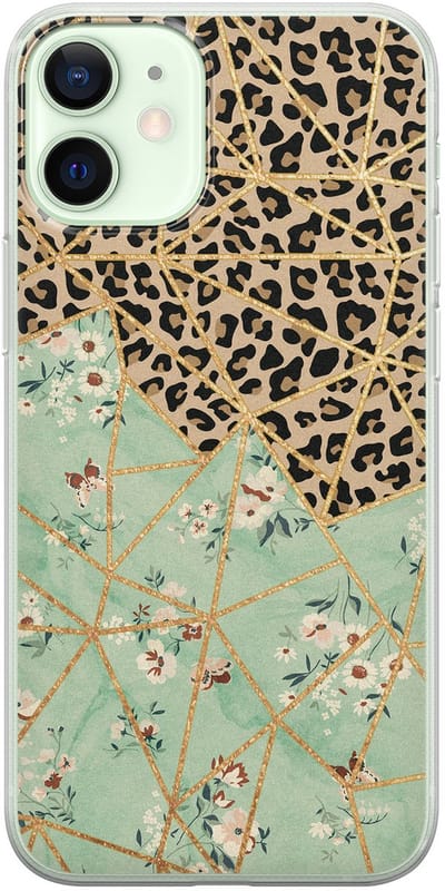 Leuke Telefoonhoesjes - Hoesje geschikt voor iPhone 12 Mini - Luipaard bloemen print - Soft case - TPU - Luipaardprint - Groen