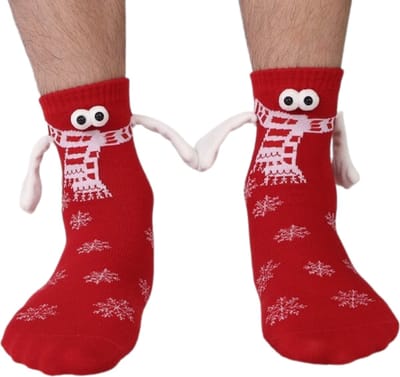 Schattige sokken met magnetische handjes - Rood met ogen, sjaal en sneeuwvlokken - Sokken Dames/Kinderen maat 35-43