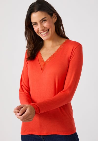 Damart - T-shirt van kant met lange mouwen Thermolactyl Sensitive - Dames - Rood - 34-36 (XS)