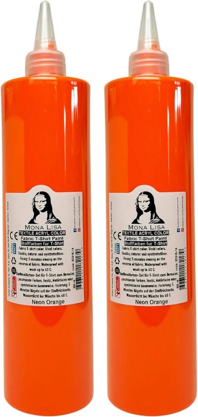 Südor Textielverf 1000 ml, neon oranje.Wasbestendige textielverf voor lichte stoffen. Wasmachinebestendig, wasbestendig. Fixatie door strijken (2 x 500 ml)
