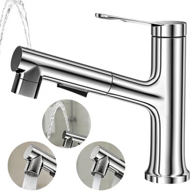Dailygoods - Wastafelkraan voor badkamer met uittrekbare handdouche, 2 straalsoorten en spoeling, kraan van hoogwaardige koperlegering, roestvrije chromen mengkraan voor keuken, badkamer