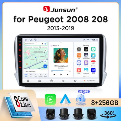 Junsun draadloze CarPlay Android Auto autoradio voor Peugeot 208 / 2008 Mk1 2012-2019 met ingebouwde koelventilator, Android GPS navigatie, multimediaspeler, WiFi, DSP, RDS, BT, SWC, IPS touchscreen,