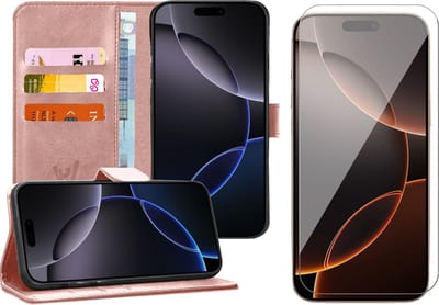 Hoesje geschikt voor iPhone 16 - Screenprotector Glas - Portemonnee Book Case Rosegoud