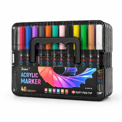 Acrylmarkers - 48 stuks - waterbestendig en sneldrogend - zachte punt met directe inkttoevoer - draagbare stapeldoos