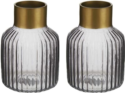 Giftdecor - Bloemenvazen 2x stuks - Decoratie glas - grijs/goud - 12x18 cm