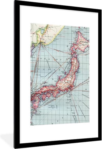Poster in lijst - Fotolijst 60x90 cm - Posters - Wereldkaart - Vintage - Japan - Posterlijst zwart - Decoratie - Wanddecoratie woonkamer - Muurdecoratie slaapkamer