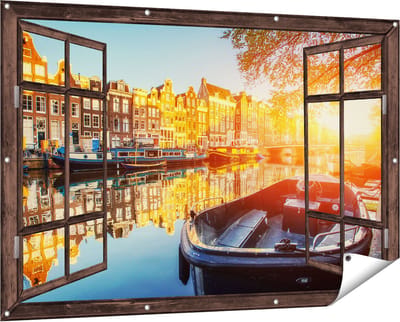 Gards Tuinposter Doorkijk Amsterdamse Brug - Gracht - met Bloemen - 150x100 cm - Tuindoek - Tuindecoratie - Wanddecoratie buiten - Tuinschilderij