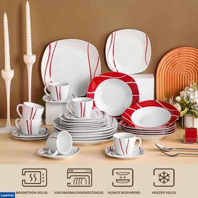 LooMar Serviesset – 36 delig – 6 persoons – Keramiek - Luxe – Bordenset - Koppen - Kommen - Wit met Rode Print