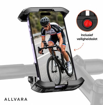 Allvara® Telefoonhouder - Fiets Telefoonhouder - 360° Draaibaar - Inclusief Veiligheidsslot - Universeel - Fiets, Motor & Scooter - Geschikt Voor Meeste Toestellen