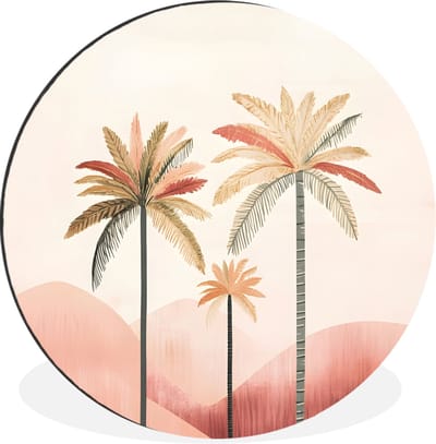 WallCircle - Wandcirkel - Muurcirkel - Palmbomen - Heuvels - Minimalistisch - Zachtroze - Aluminium - Dibond - 30x30 cm - Binnen en Buiten