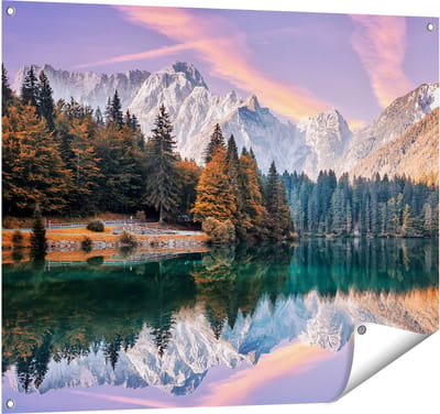 Gards Tuinposter Meer met Weerspiegeling van de Bergen - 100x80 cm - Tuindoek - Tuindecoratie - Wanddecoratie buiten - Tuinschilderij