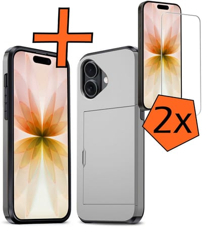 Hoesje Geschikt voor iPhone 17 Hoesje Pasjeshouder Shockproof Hard Case Met 2x Screenprotector - Hoesje Geschikt voor iPhone 17 Hoes Met Kaarthouder - Grijs