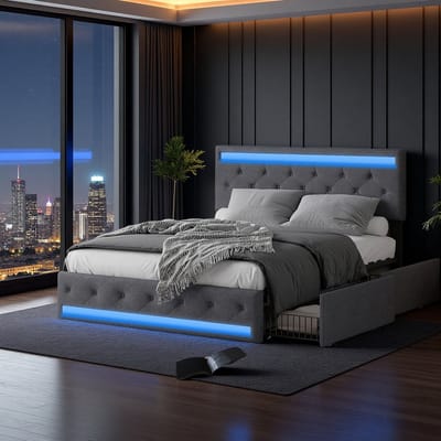 Tweepersoonsbed 140x190 cm – Grijs Linnen – LED Hoofdbord & Voeteneinde – USB Oplaadpunten – 4 Grote Opberglades – Luxe Opbergbed – Modern Design