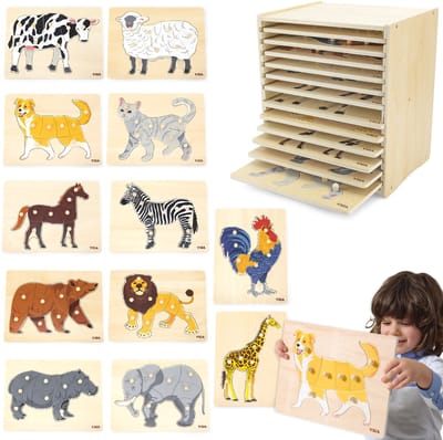 Viga Houten Puzzelset 12 Montessori Dierenpuzzels + Standaard