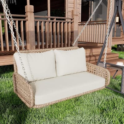 Dubbele zitting van PE-rotan, hangschommel voor de tuin buitenshuis, belastbaar tot 320 kg (beige)