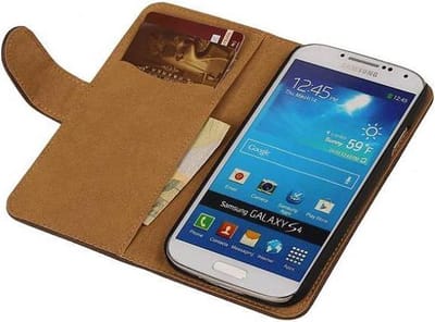 Hout Bookstyle Wallet Case Hoesje Geschikt voor de Samsung Galaxy S4 i9500 Donker Bruin