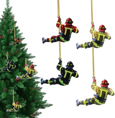 BRENZOOS- Kerstversiering 4 stuks - Brandweerman Ornamenten - Kerstdecoratie - Boom/Wanddecoratie - Hoogwaardig Acryl - Robuuste Constructie - Kerstornamenten