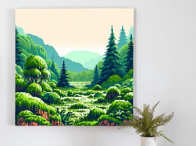 Pixel art mos schilderij | Mystieke mozaïek: een betoverend pixelkunstwerk van mos en natuur | Kunst - 75x75 centimeter op Forex | Foto op Forex