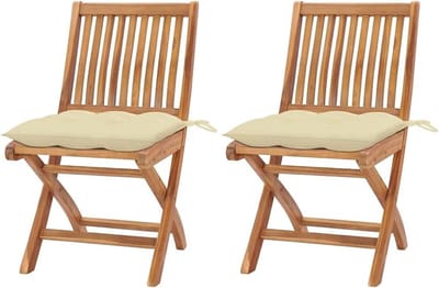Tuinstoelen, 2 stuks, met crèmewitte kussens, massief teakhout, buitenstoel, armleuningen, loungestoel, ligstoelen voor terras/tuin/balkon, zonder armleuningen