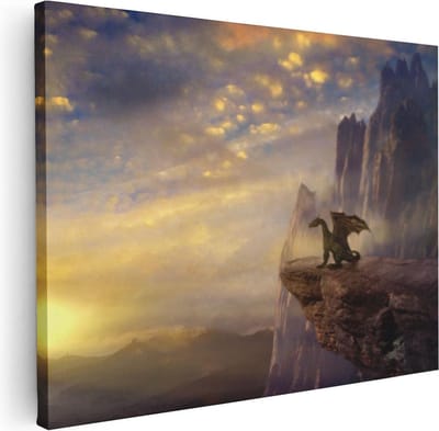 Artaza Canvas Schilderij Fantasie Dier - 40x30 cm - Klein - Wanddecoratie Bergen - Muurdecoratie Zonsondergang - Kamer Accessoires Klif