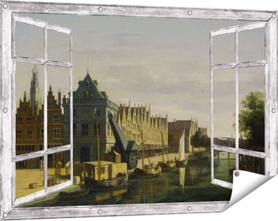 Gards Tuinposter Doorkijk De Waag en de Kraan aan het Spaarne te Haarlem - Gerrit Adriaensz Berckheyde - 120x80 cm - Tuindoek - Tuindecoratie - Wanddecoratie buiten - Tuinschilderij