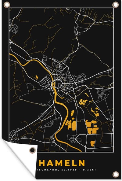 Muurdecoratie Duitsland – Black and Gold – Hameln – Stadskaart – Kaart – Plattegrond - 120x180 cm - Tuinposter - Tuindoek