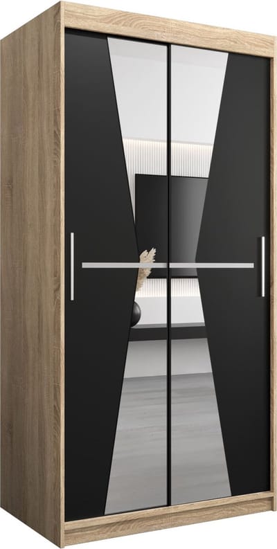 InspireMe - Kledingkast met 2 schuifdeuren, Modern-stijl, Een kledingkast met planken en een spiegel (BxHxD): 100x200x62 - TOTO 100 Sonoma Eik + Zwart Mat