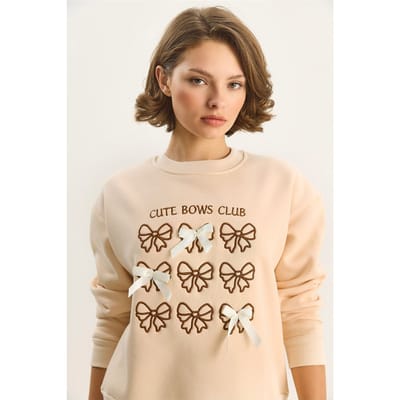 Geribbelde Bedrukte Ronde Hals Lange Mouw Sweatshirt