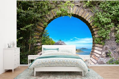 Behang - Fotobehang Zomer - Strand - Doorkijk - Tropical - Breedte 320 cm x hoogte 240 cm