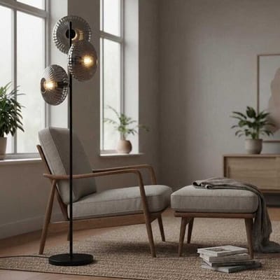 Lusenz - Virello - Zwarte Staande lamp Metaal 150 cm - Rookglas - 3 bollen - Klassiek Vintage Design - Woonkamer lamp - E27 fitting - Met voetschakelaar