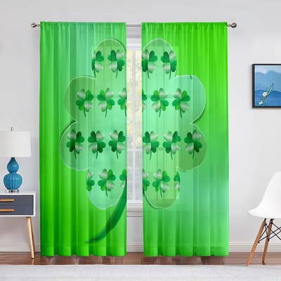 Saint Patrick's Day Groene Klaver Vierbladige Transparante Voile Gordijn voor Woonkamer voor Raamjaloezieën Tule Gordijnen Slaapkamer Keuken 1 PCS W100XH250cm&Grommet Top