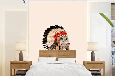 Behang - 165x220 cm - Fotobehang dieren - Uil - Indiaan - Veren - Dieren - Dieren behang - Foto behang