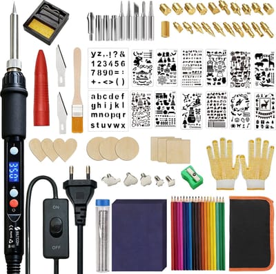 Siltcon® 3 in 1 Houtbrander Set - 100-Delig – Soldeerbout 60/80W – Verstelbaar 180-520°C – Pyrografie Set met LED Display – Inclusief Brandpunten, Stencils, Kleurpotloden & Handschoenen - Proffesioneel voor Solderen en Houtbranden