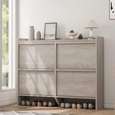 Grote Schoenenkast 4 Kleppen Voor 18-24 Paar Schoenen - 120x26x93cm - Schoenenrek - Schoenenmeubel Hout - Verstelbare Planken - Minimalistisch - Ruimtebesparend - Voor Hal Woonkamer - Grijs