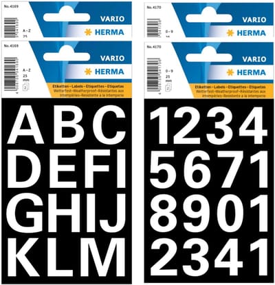 Herma stickervellen letters en cijfers - 8x vellen - wit - 25 mm - watervast