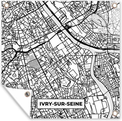 Tuin poster Kaart - Stadskaart - Frankrijk - Plattegrond - Ivry-sur-Seine - Zwart wit - 200x200 cm - Tuindoek