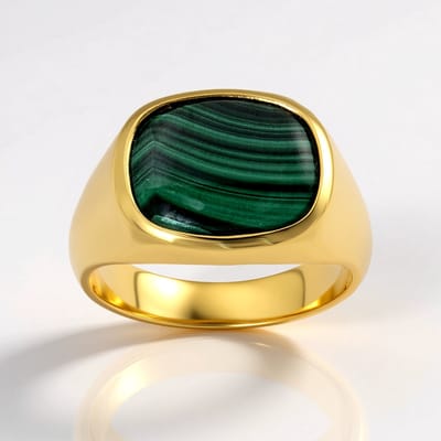 Cavill - Unisex Zilveren Ring - 925 Sterling Zilver Verguld - Malachiet Antieke Cabochon 4,252 ct - Ruime Malachietring - Luxe Sieraad