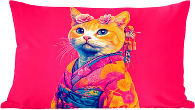 Sierkussens - Kussentjes Woonkamer - 60x40 cm - Kat - Kimono - Bloemen - Roze