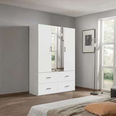 Kledingkast met Spiegel en 4 Laden 182 x 130 x 52 cm - 2 Deuren, Kledingstang, Grote Opbergkast voor Slaapkamer en Hal, Moderne Witte Garderobekast - Vermissen