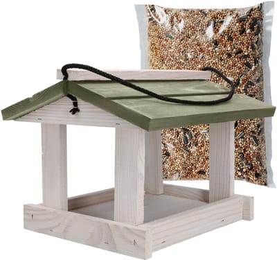 KOTARBAU® Vogelvoederhuisje Om Op Te Hangen, Hout, 23.5x21x18 cm, Hangend Vogelvoederhuisje, Natuurlijk, Wit & Grijs- Vogelvoer 0.5 kg, Tuindecoratie