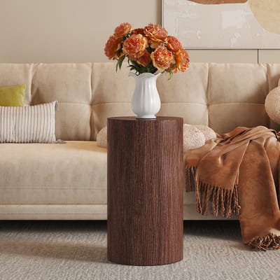 Elegante ronde salontafel van walnoothout en MDF – een moderne woonkamerdecoratie met een minimalistisch design. Kan gebruikt worden als bijzettafel, salontafel, banktafel of theetafel.
