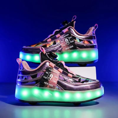 Nieuwe Kinderen Wegloop Schoenen Jongens Wegloop Schoenen Dubbele Wiel Schaatsen Roller Schoenen met Verlichting Vierwiel Sportschoenen Meisjes 39 black