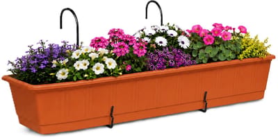 Geli Plantenbak Balcony - terracotta bruin/rood - met metalen ophangbeugels - 80 x 18 x 15 cm - hard kunststof - langwerpig