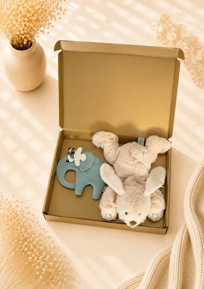 Kraamcadeau Baby groen – Beige – Knuffel & Speenkoord – Luxe Cadeauset – Past door de Brievenbus – neutraal – jongen – meisje – kraampakket – babyshower – geschenkset