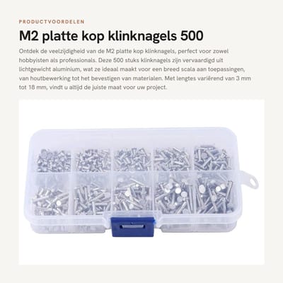 Dailygoods- Klinknagels 500 Stuks - Aluminium Klinknagels - Platte Kop - M2 x 3/4/5/6/8/10/12/14/16/18 mm - Vaste Klinknagel - Gloednieuw - Vastelinknagels