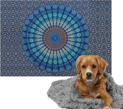 Ulticool – Zachte Fleece Deken - 100x150 cm – Mandala Blauw - Dubbelzijdige Plaid voor Huisdier - Versiering voor huiskamer - Accessoire op de bank - Achterbank Auto - Kofferbak – Warme Grijze Warmtedeken voor Kat Poes Hond Hondenmand