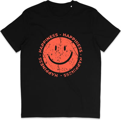 Grappig Dames en Heren T Shirt - Happiness Gelukkig - Oranje Smiley -Zwart - XS