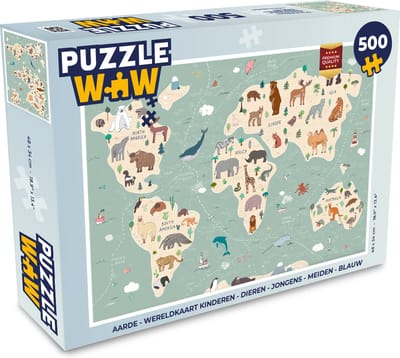 Puzzel Aarde - Wereldkaart kinderen - Dieren - Jongens - Meiden - Blauw - Legpuzzel - Puzzel 500 stukjes