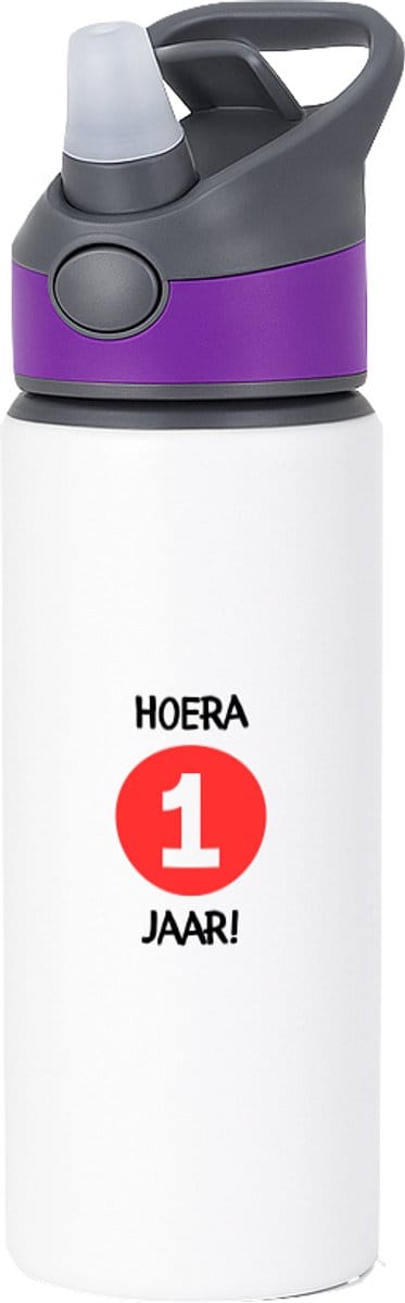 Hacebo® - Hoera 1 jaar waterfles met rietje paars - Verjaardag - Jarigen - Verjaardagscadeau - peuter - Happy birthday - water fles - 650ML