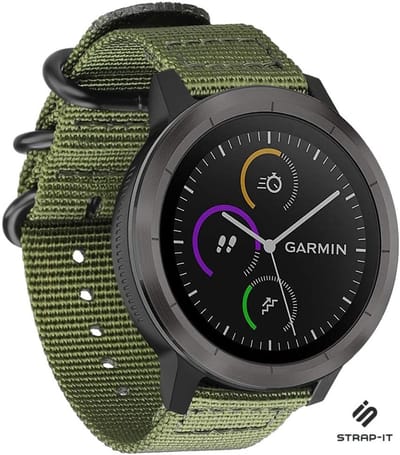Strap-it Nylon gesp smartwatch bandje - geschikt voor Garmin Vivoactive 3 / Vivoactive 5 / Venu / Venu SQ / Vivomove HR / Forerunner 245 / 570 - 42mm / 645 - groen